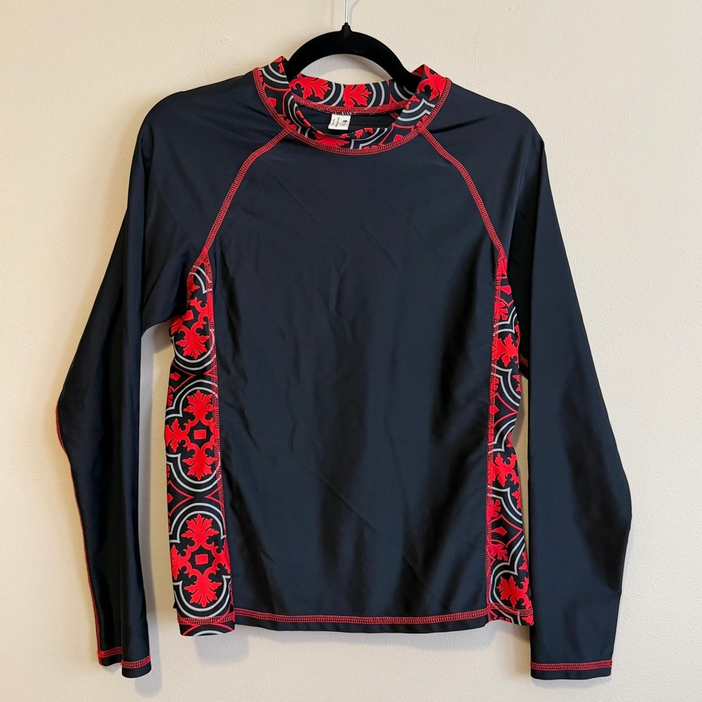 Stylus Rash Guard Swim Top Black Red Scroll Print Long Sleeve Womens Size L
